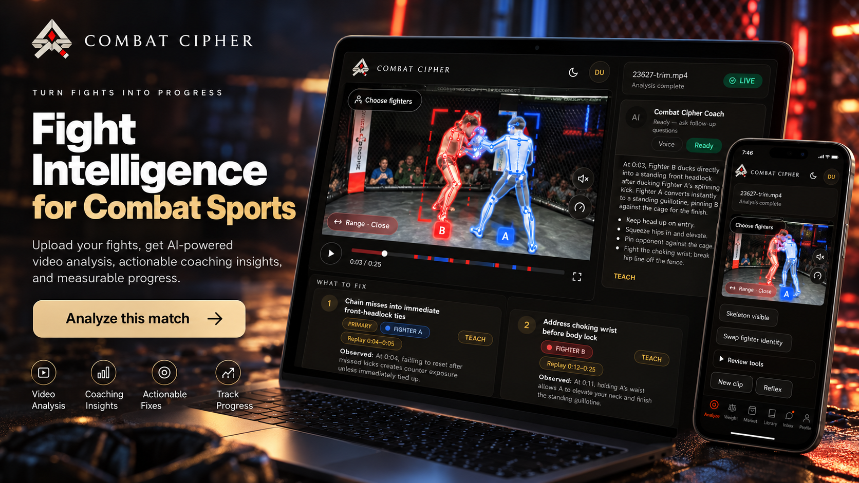 Combat Cipher fight intelligence concept showing fight video analysis and coaching insights on a laptop and phone