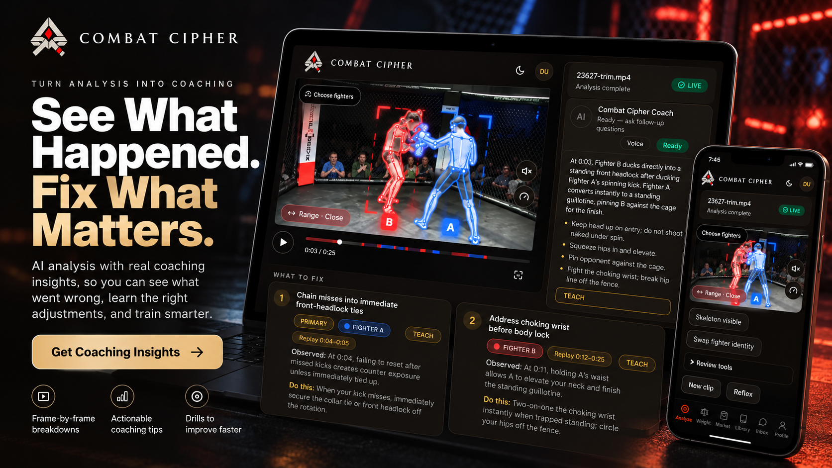 Combat Cipher coaching insights concept showing fight breakdowns and suggested adjustments